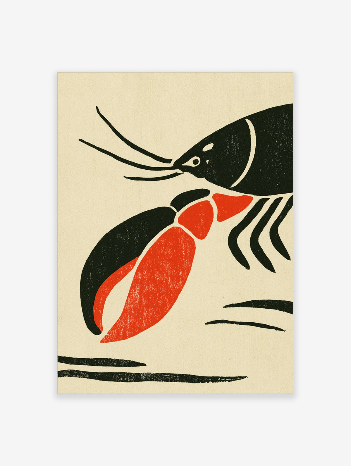 Bold lobster art print with black body and red claw on beige background