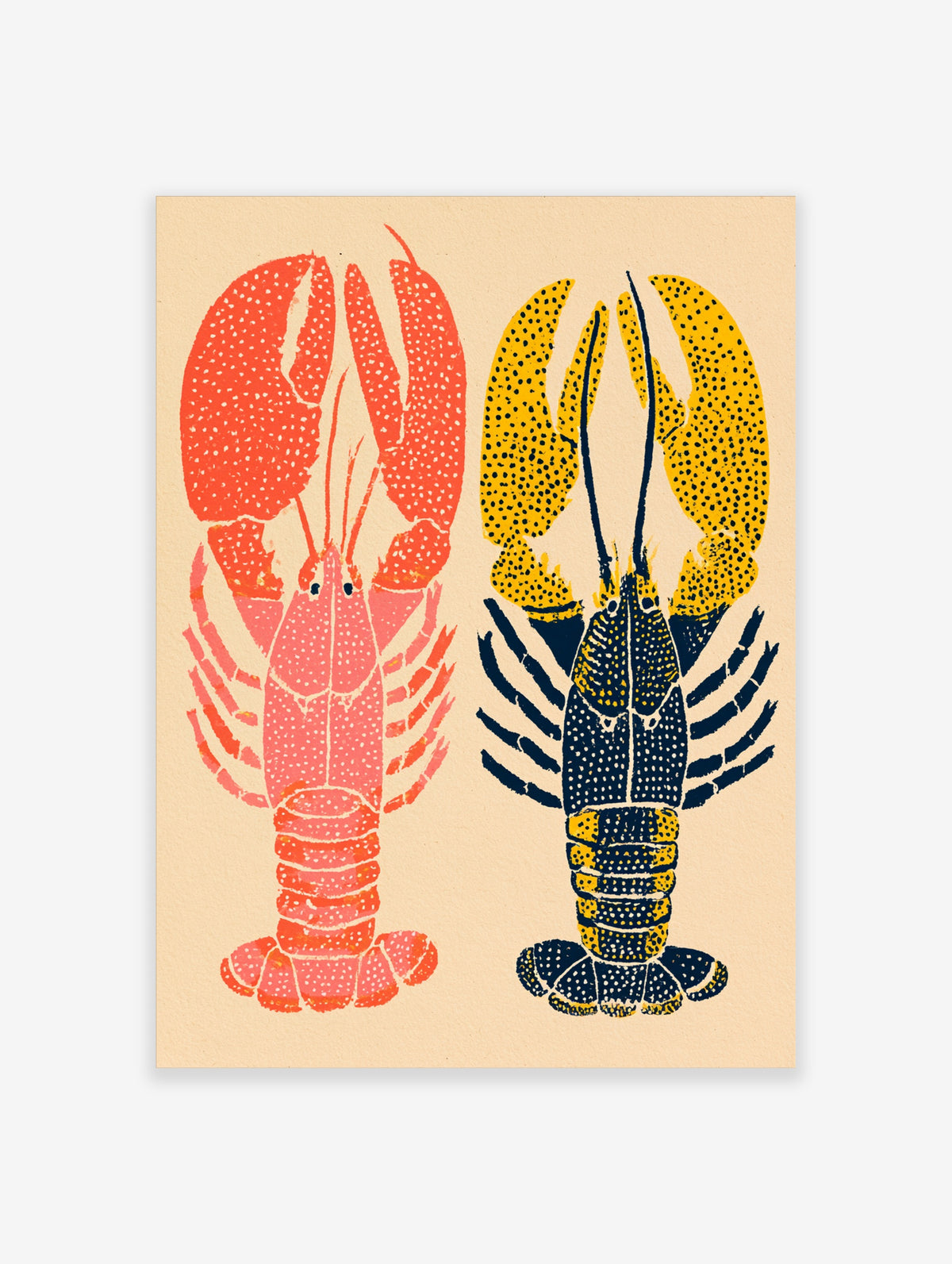 Two lobsters in coral pink and yellow with navy dots on a beige background, lobster wall art print