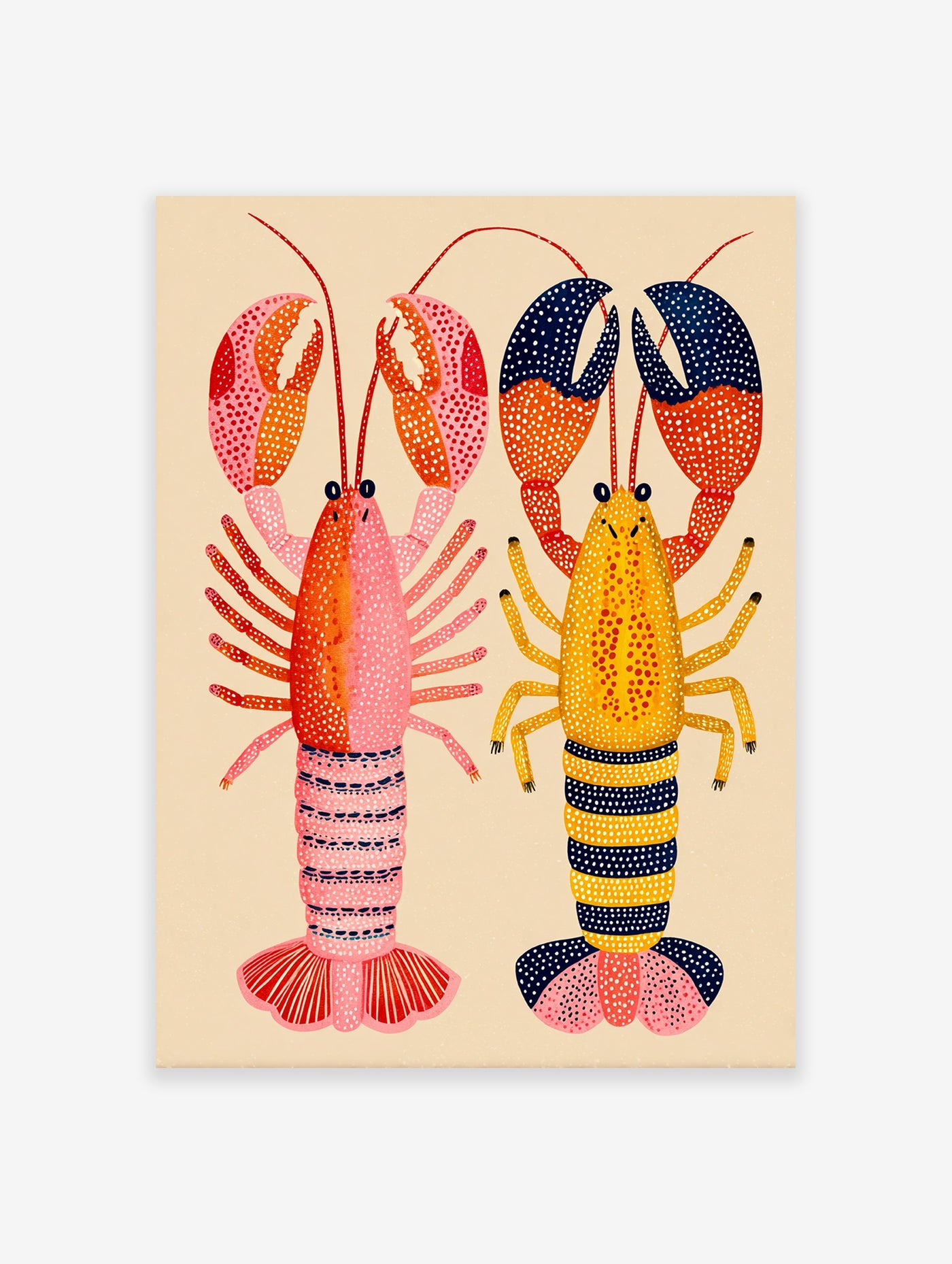 Colorful lobster wall art illustration featuring a pink and a yellow lobster with blue accents and polka dots on a light background.