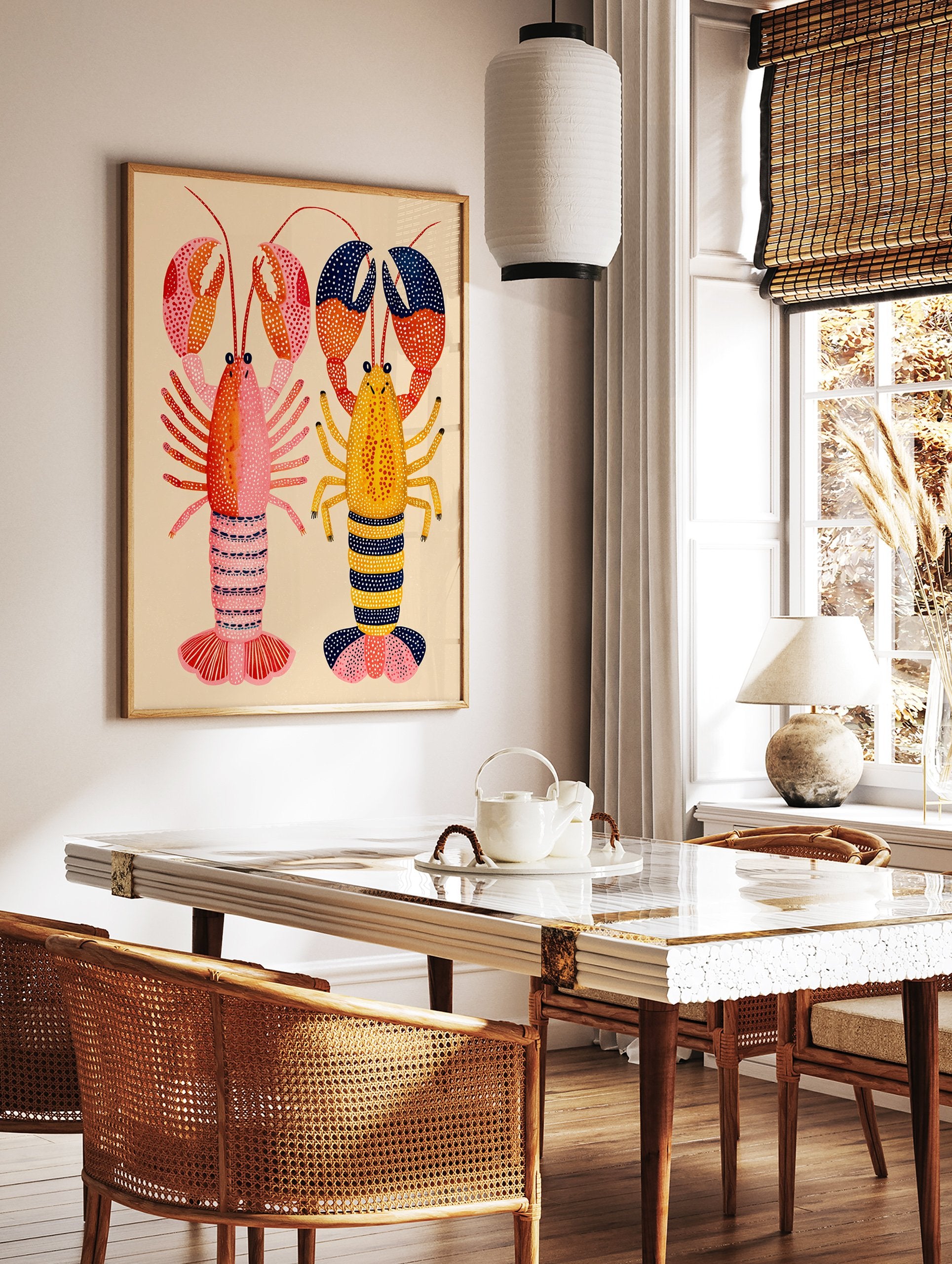 Colorful lobster wall art illustration featuring a pink and a yellow lobster with blue accents and polka dots on a light background. - Image 3