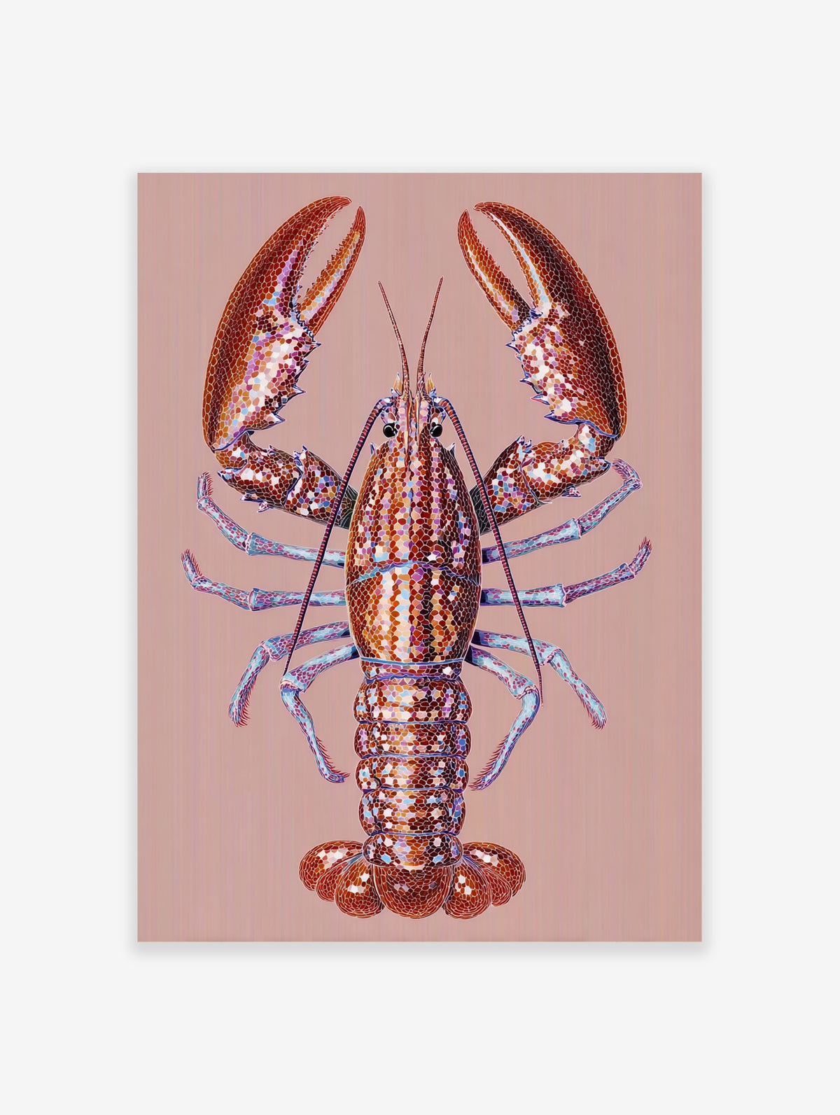 Colourful lobster poster with mosaic shell pattern in red, blue, and purple on a beige background