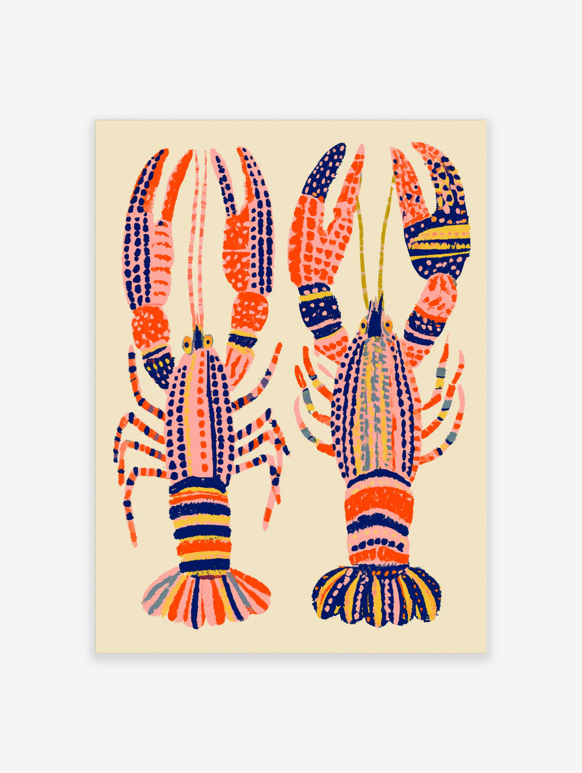 Colourful lobster art print with two patterned crustaceans on a cream background
