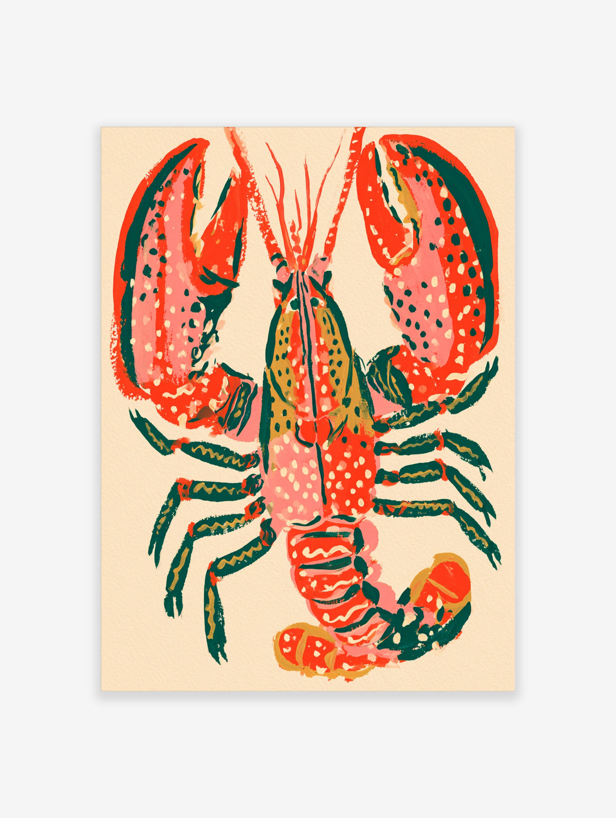 Colourful lobster art print with spotted red and pink claws on a cream background