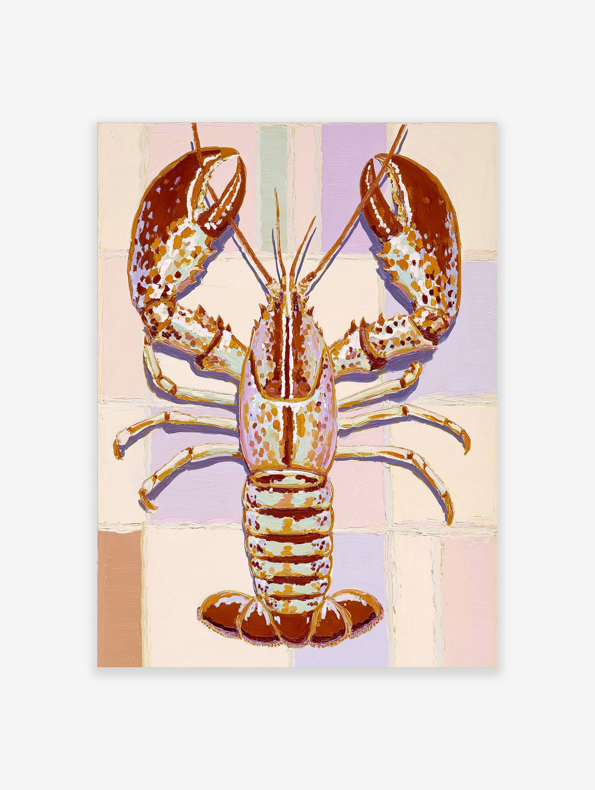 Colourful lobster illustration with large claws on pastel check background, unframed art print