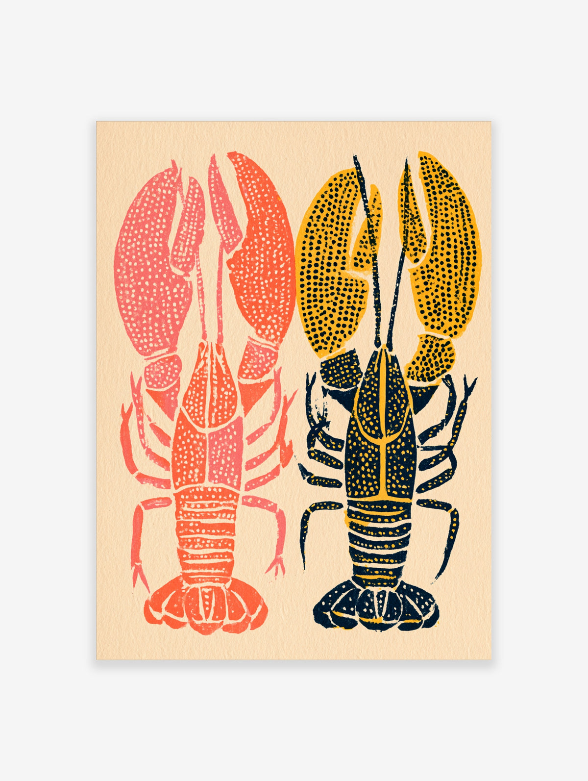 Two lobsters in coral pink and ochre with dotted textures on a cream background, vertical seafood poster