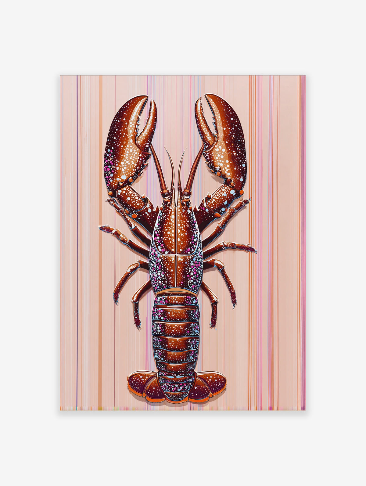Detailed lobster art print with speckled brown claws and segmented body on a striped pastel background