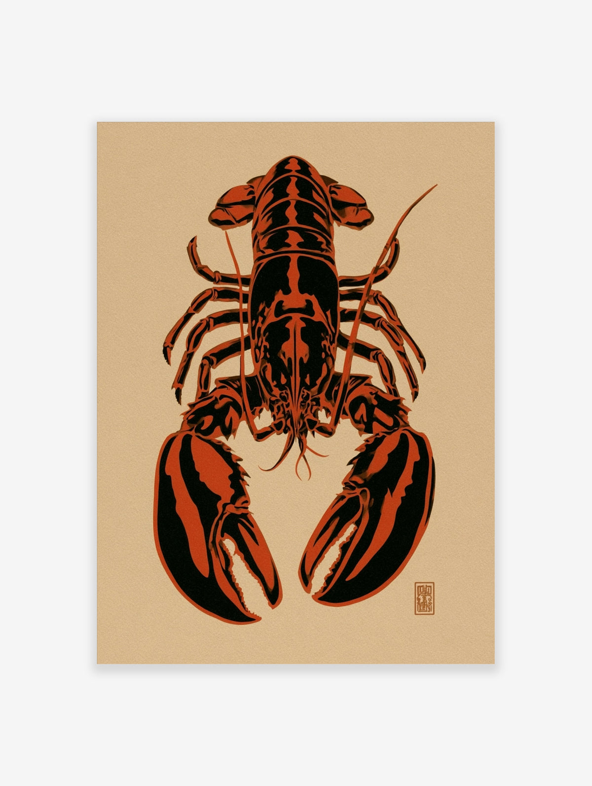 Orange and black lobster illustration on beige background, symmetrical crustacean poster