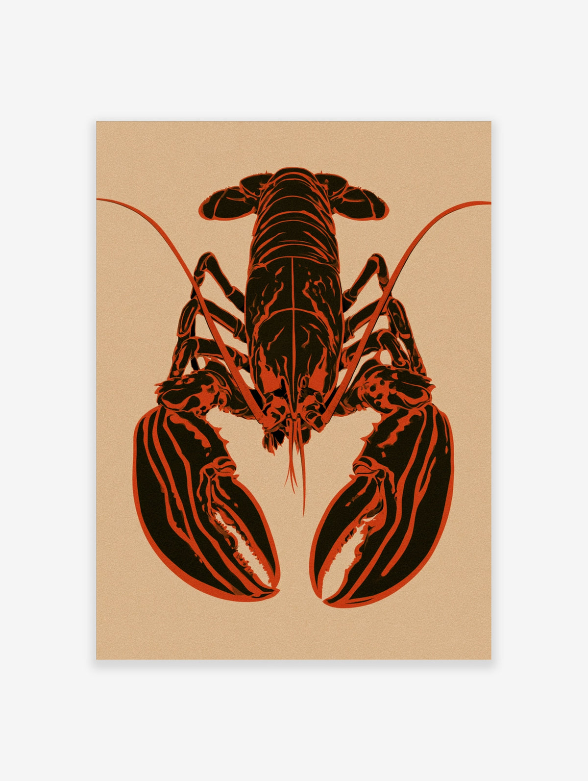 Orange and black lobster poster with symmetrical crustacean design on beige background