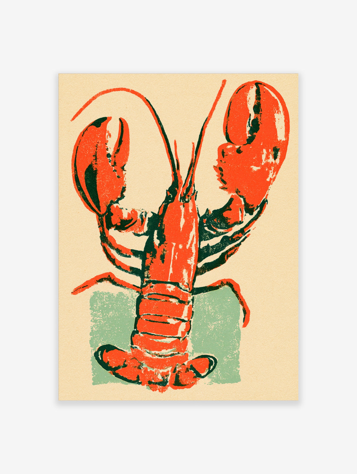 Orange lobster art print with dark green linework and teal block on cream background