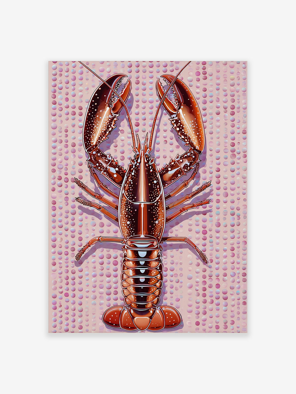 Lobster art print with red-brown claws and segmented tail on pink polka dot background