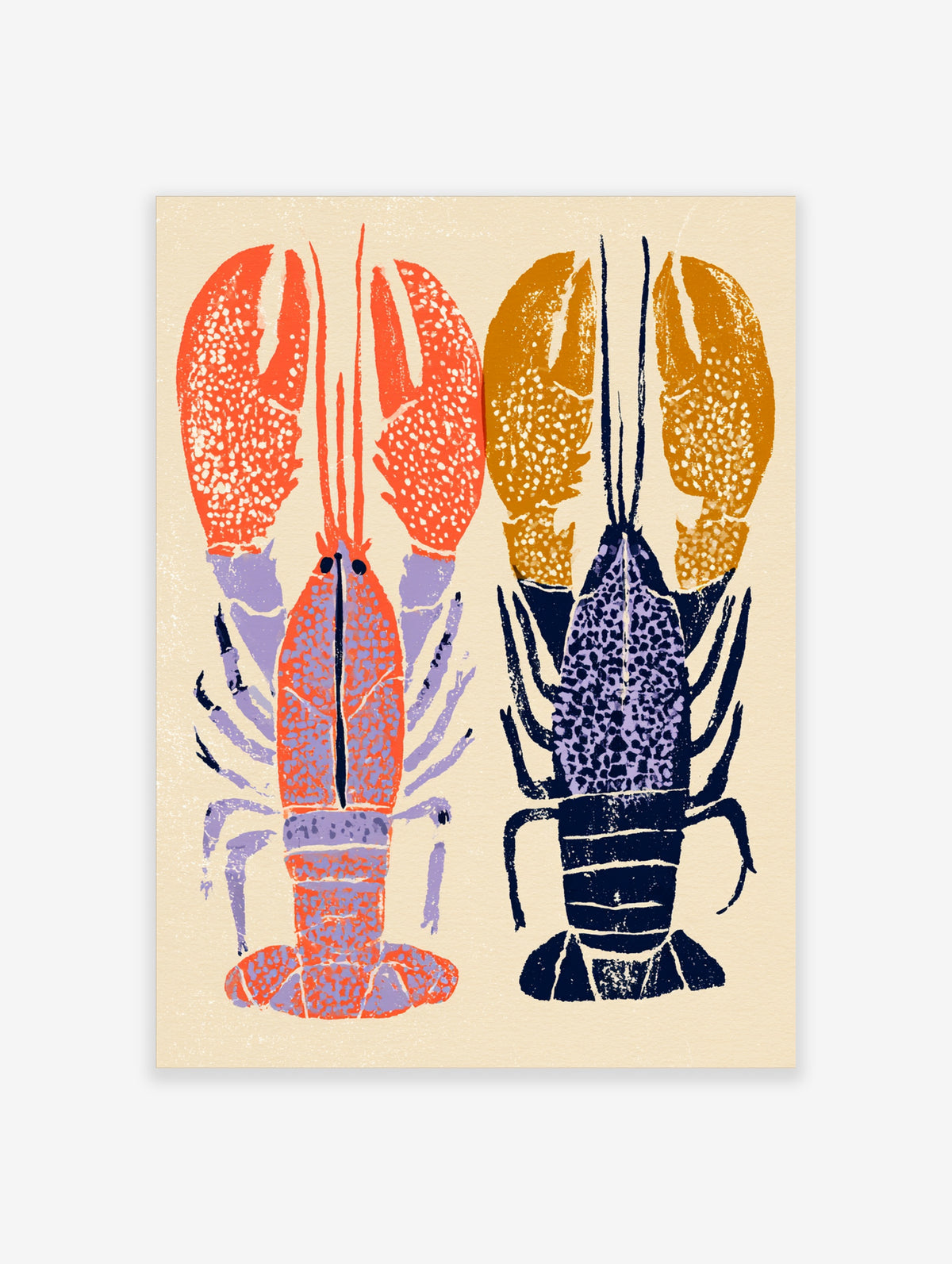 Two lobsters in orange and navy with speckled claws and long antennae on a cream background