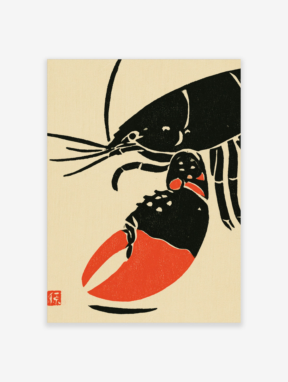 Japanese woodblock style lobster art print with black shell, red claw and antennae on beige background
