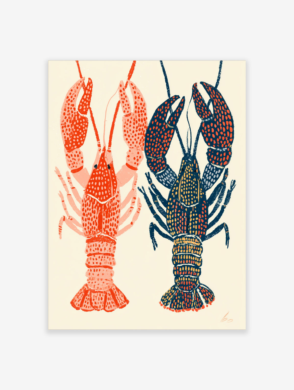 Colourful lobster art print with coral and navy lobsters on cream background