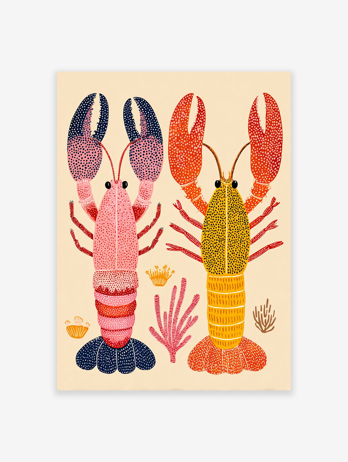 Colorful lobster wall art print featuring a pink and a yellow lobster with patterned claws and bodies, surrounded by coral.