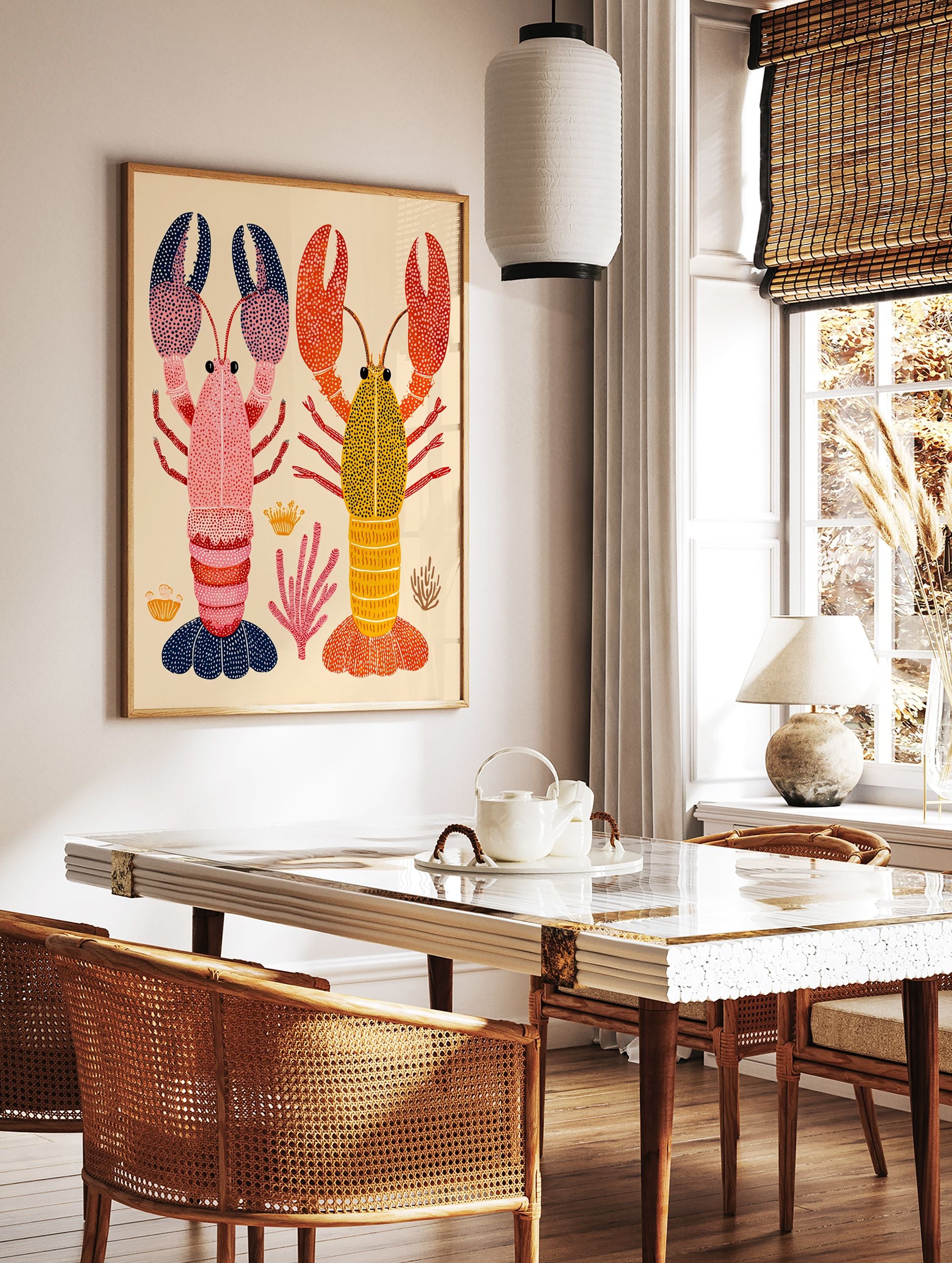 Colorful lobster wall art print featuring a pink and a yellow lobster with patterned claws and bodies, surrounded by coral. - Image 3