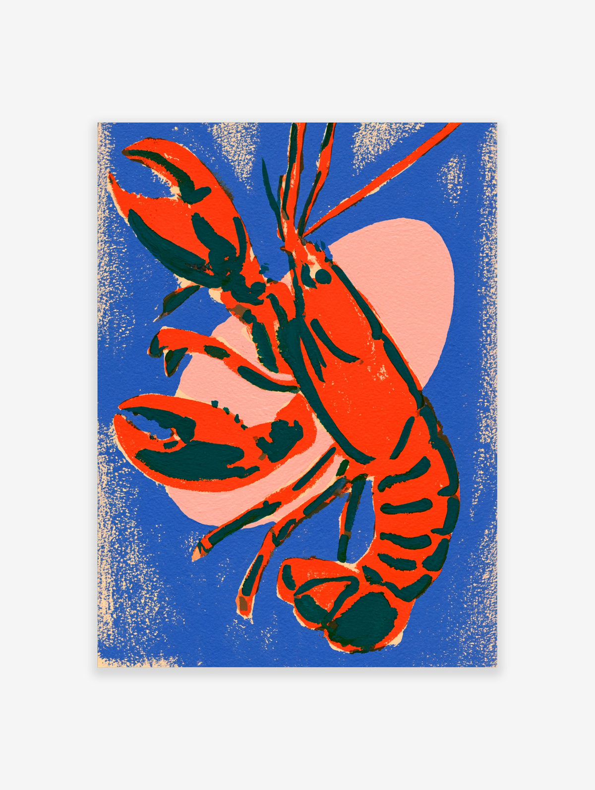 Orange lobster with dark teal markings on blue and pink background, modern crustacean art print