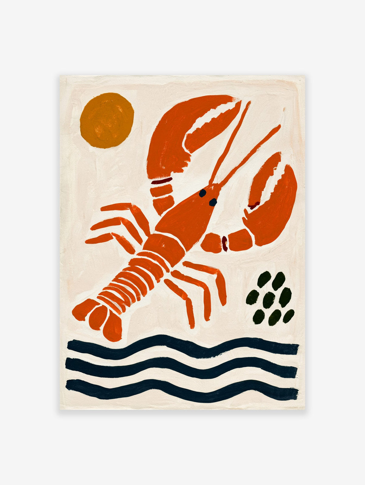 Orange lobster illustration with a golden sun and dark blue waves on a light background, coastal art print