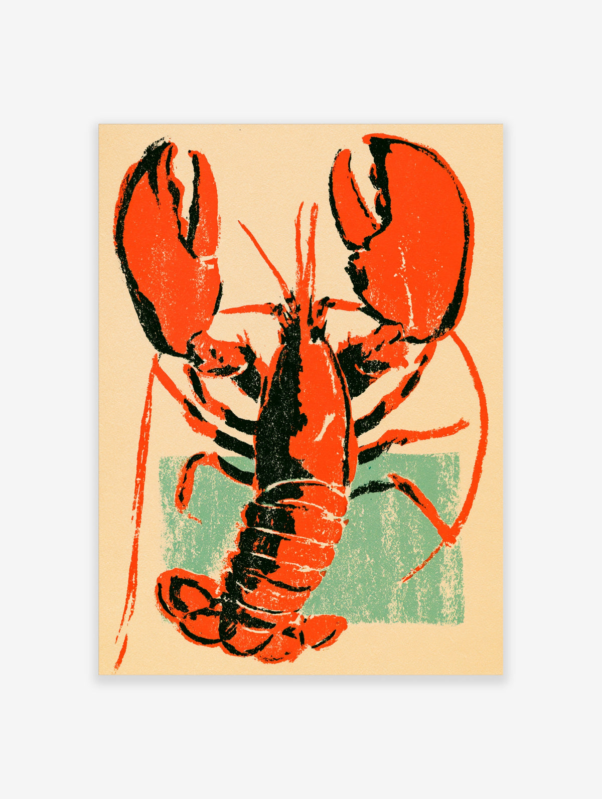Orange lobster art print with raised claws, black shadowing, and teal block on cream background