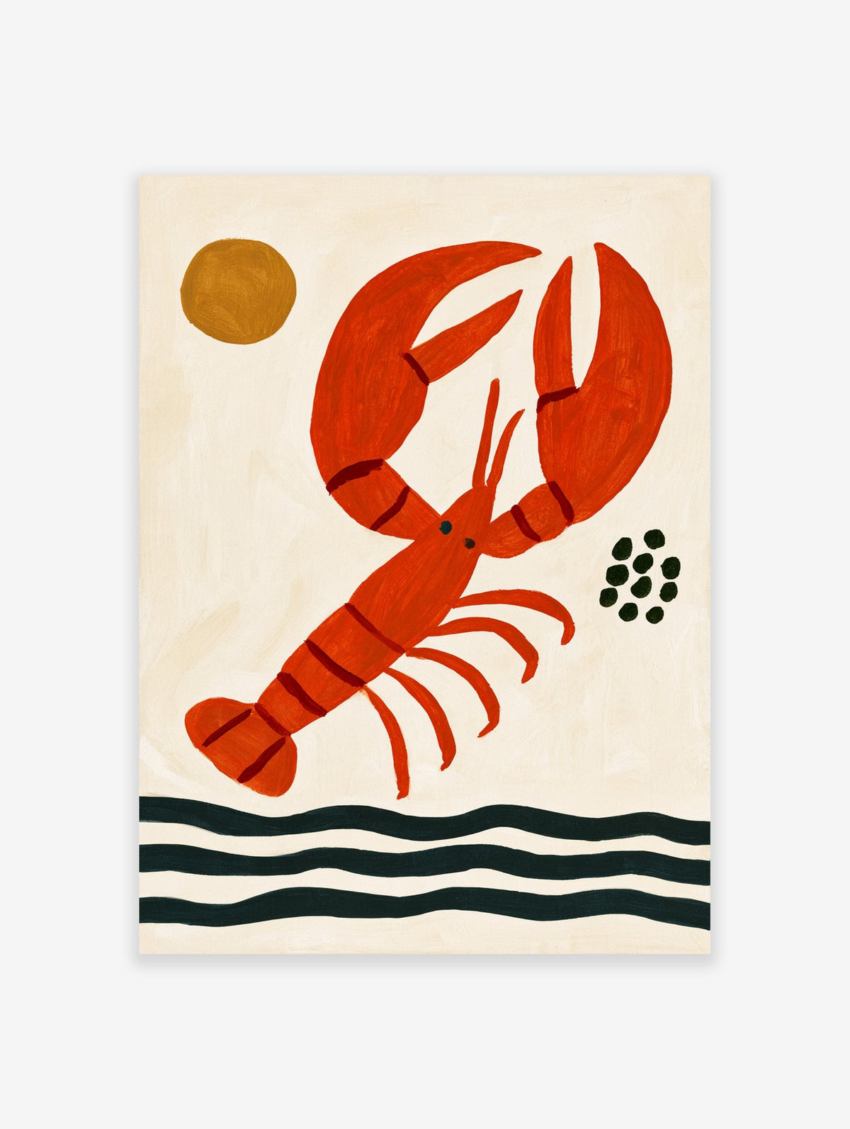 Minimalist red lobster illustration with a golden sun and dark sea waves on a cream background, modern coastal wall art