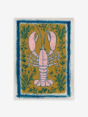 Pink lobster illustration art print on mustard yellow background with teal plants and blue decorative border
