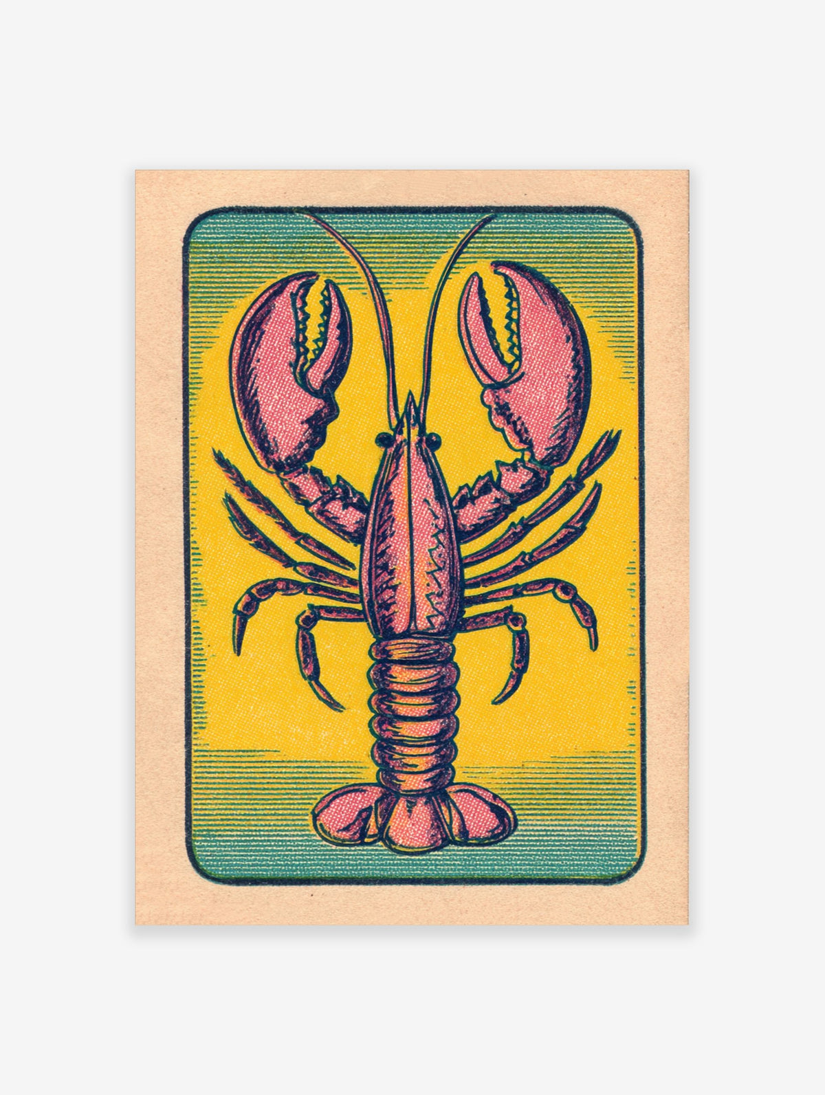 Vintage lobster illustration print with pink and red animal on yellow background and teal border in portrait orientation