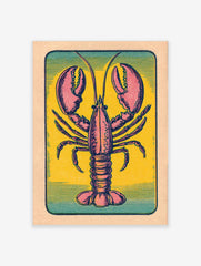 Vintage lobster illustration print with pink and red animal on yellow background and teal border in portrait orientation
