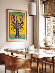 Vintage lobster illustration print with pink and red animal on yellow background and teal border in, in a styled room mockup
