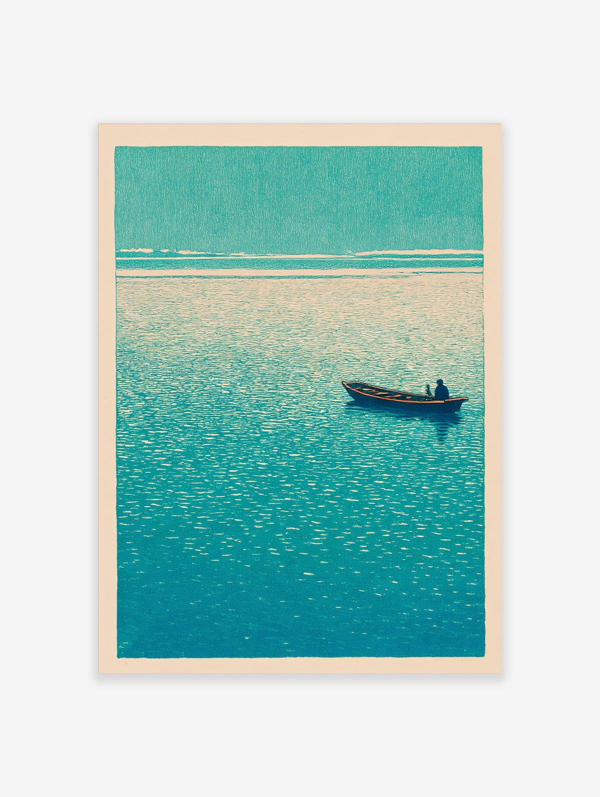 Textured woodblock print of a lone person in a boat on a teal-blue sea under a light sky