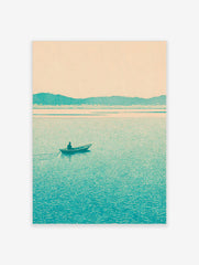 Minimalist teal landscape print with a lone boatman on a lake and distant mountains under a pale sky