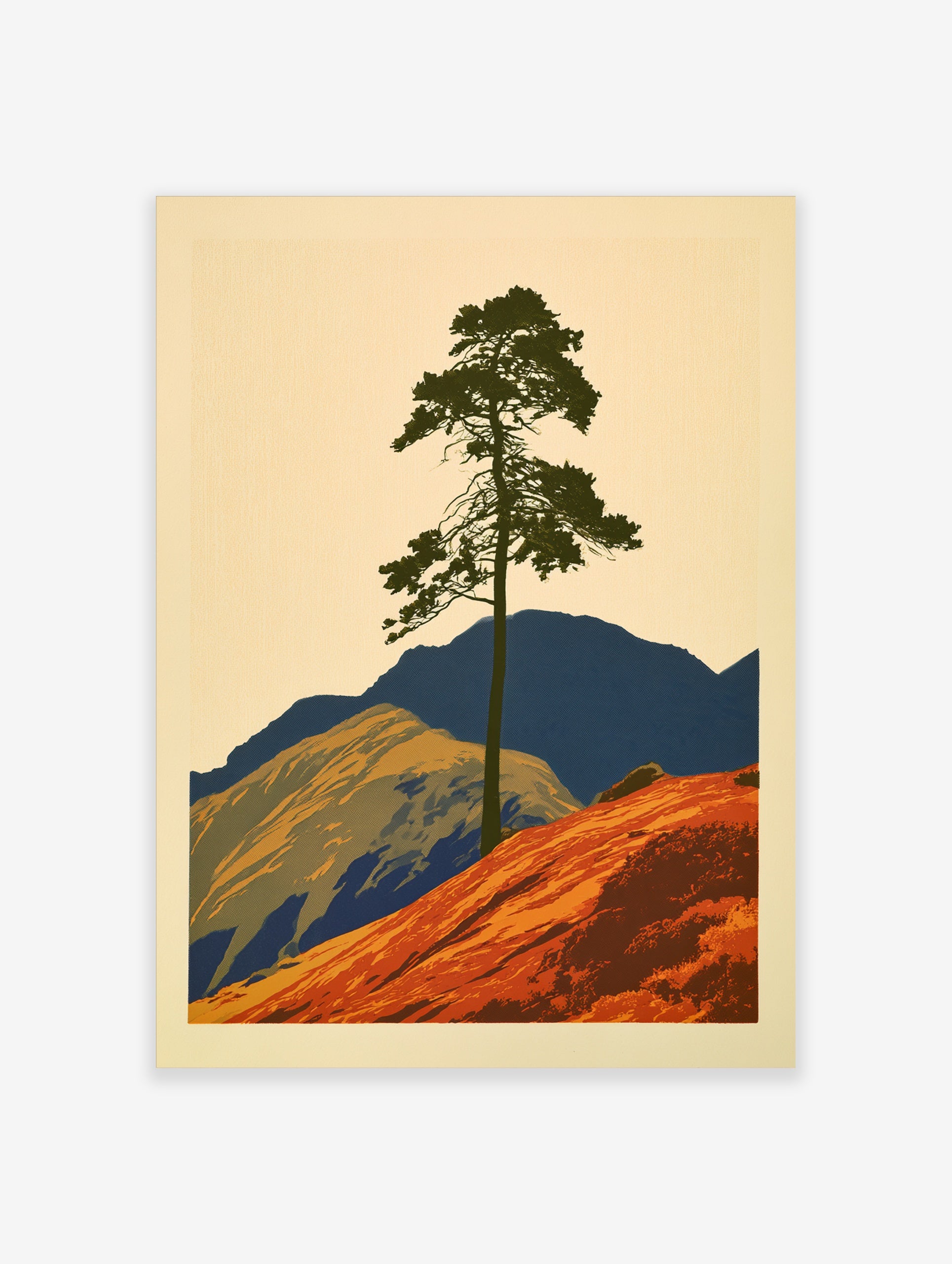 Graphic illustration of a lone pine tree on an orange hill with blue mountains, minimalist landscape art print