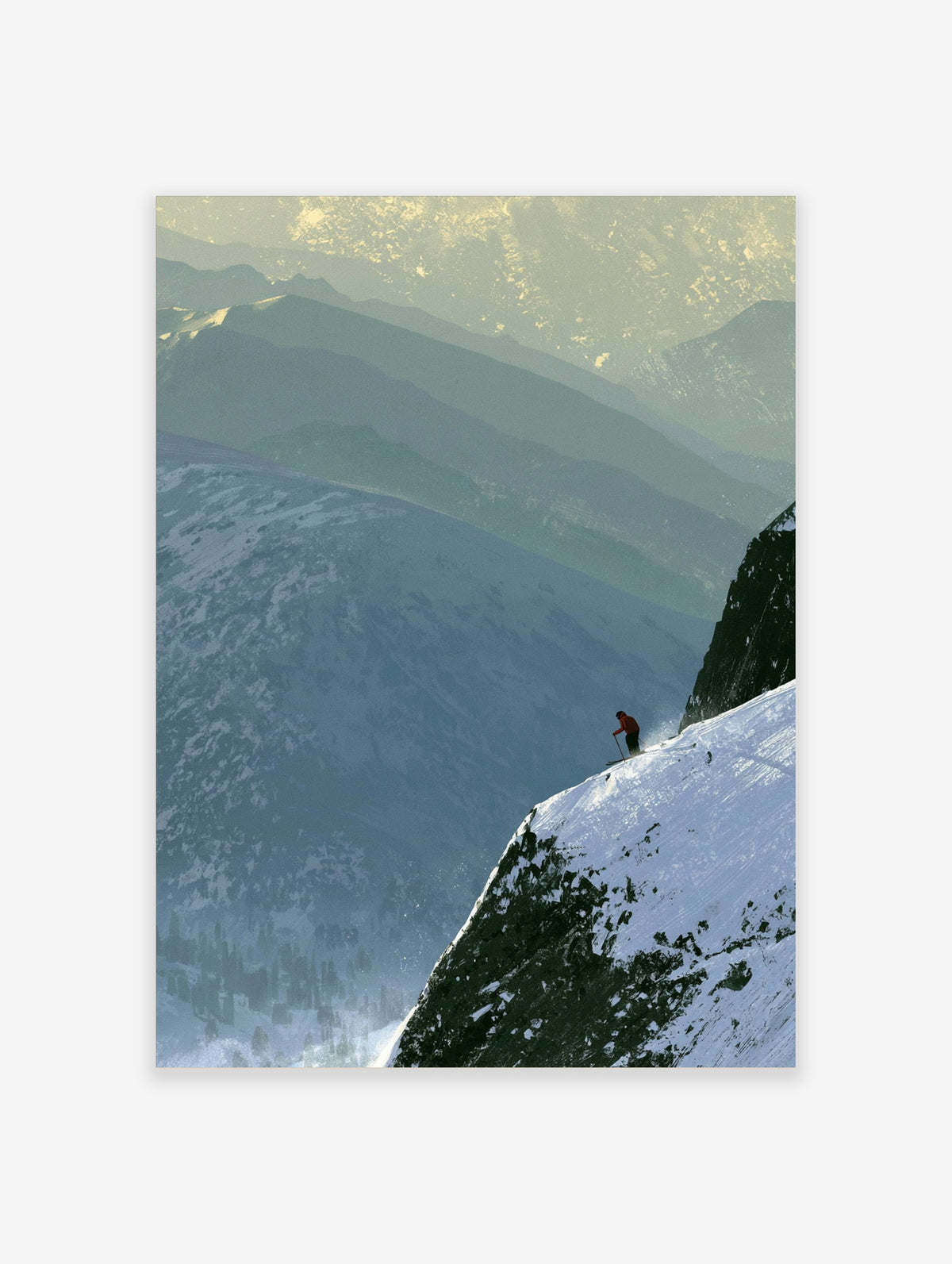 Lone skier in an orange jacket on a steep, snow-covered mountain ridge with layered peaks in the background