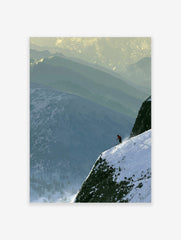 Lone skier in an orange jacket on a steep, snow-covered mountain ridge with layered peaks in the background