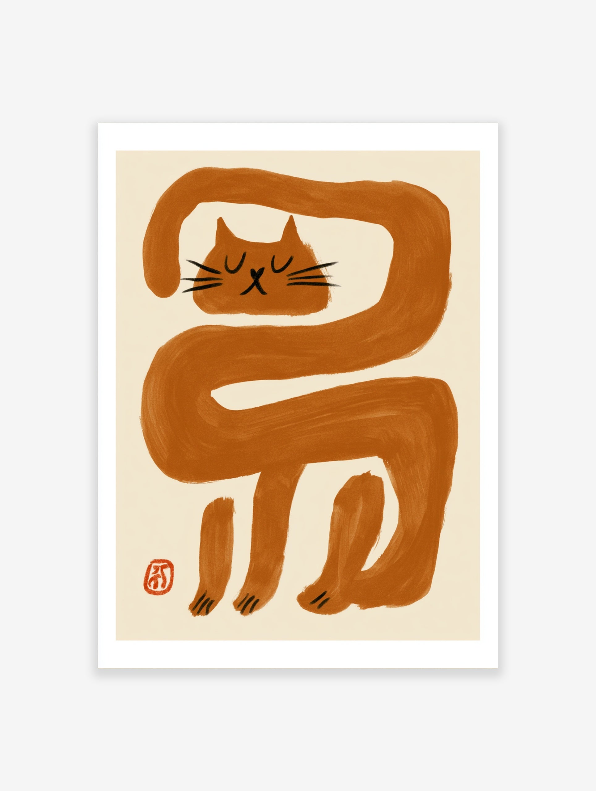 Minimalist wall art print featuring an elongated orange cat illustration with black facial features on a cream background