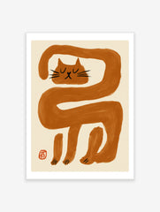 Minimalist wall art print featuring an elongated orange cat illustration with black facial features on a cream background