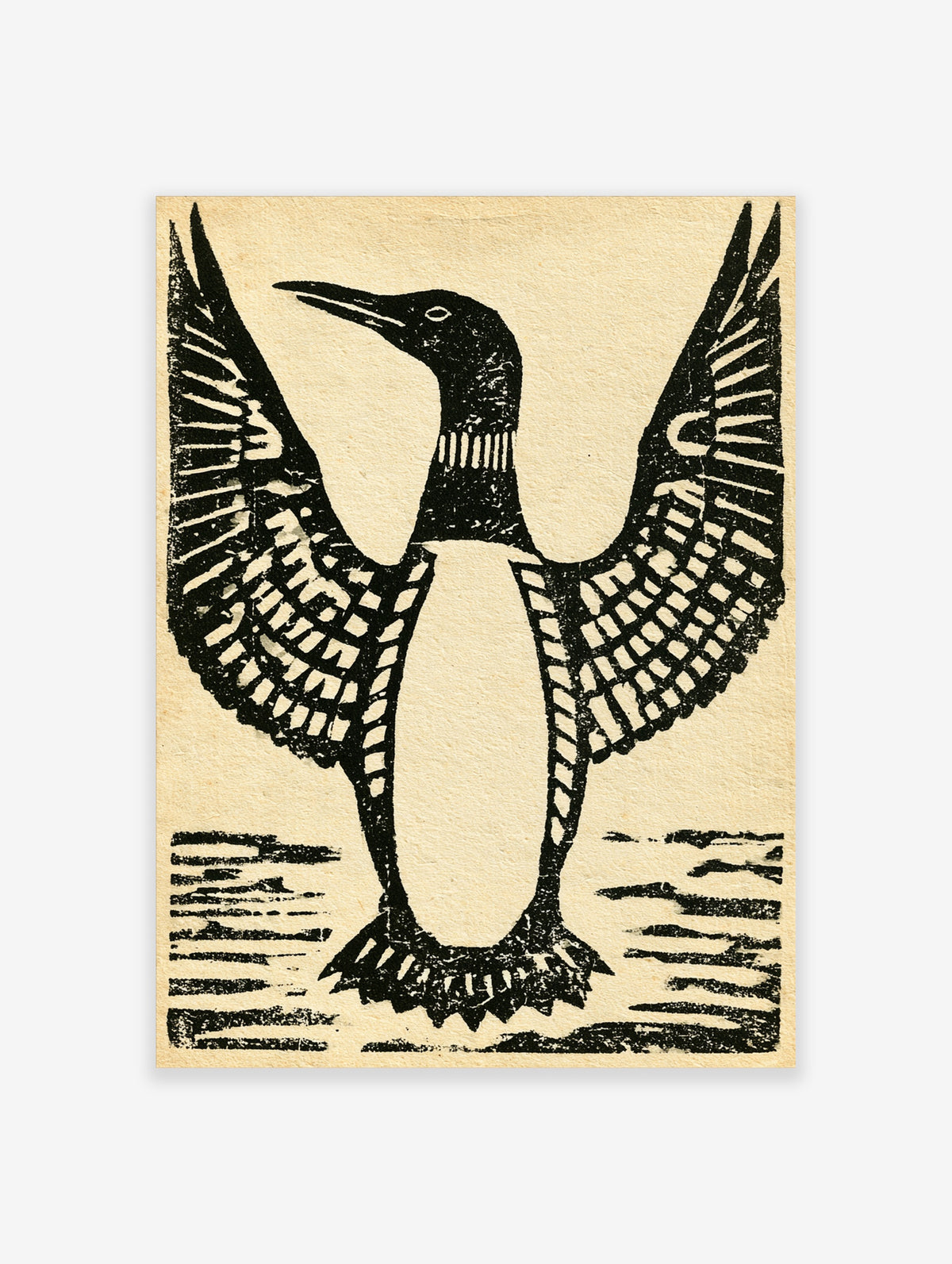 Black and white loon bird poster with raised wings and patterned feathers on cream paper