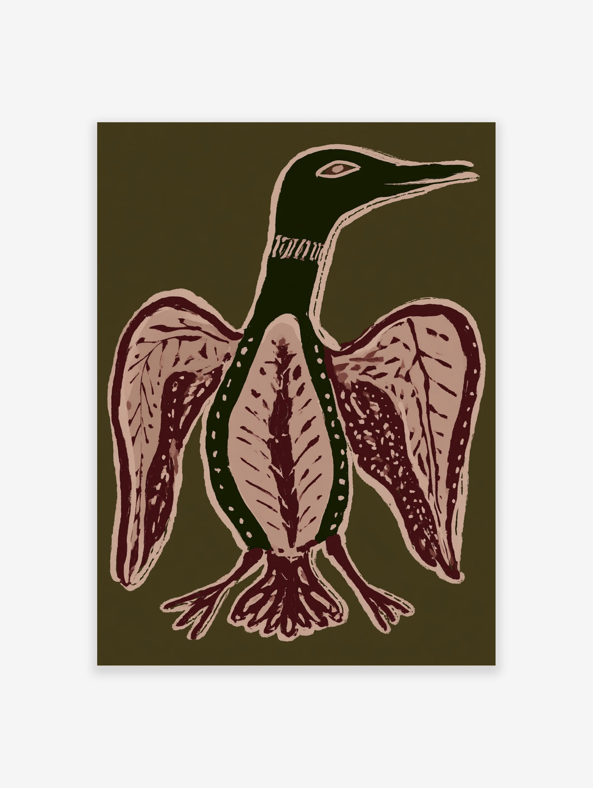 Loon bird art print with dark green head, maroon patterned wings, and cream breast on olive background