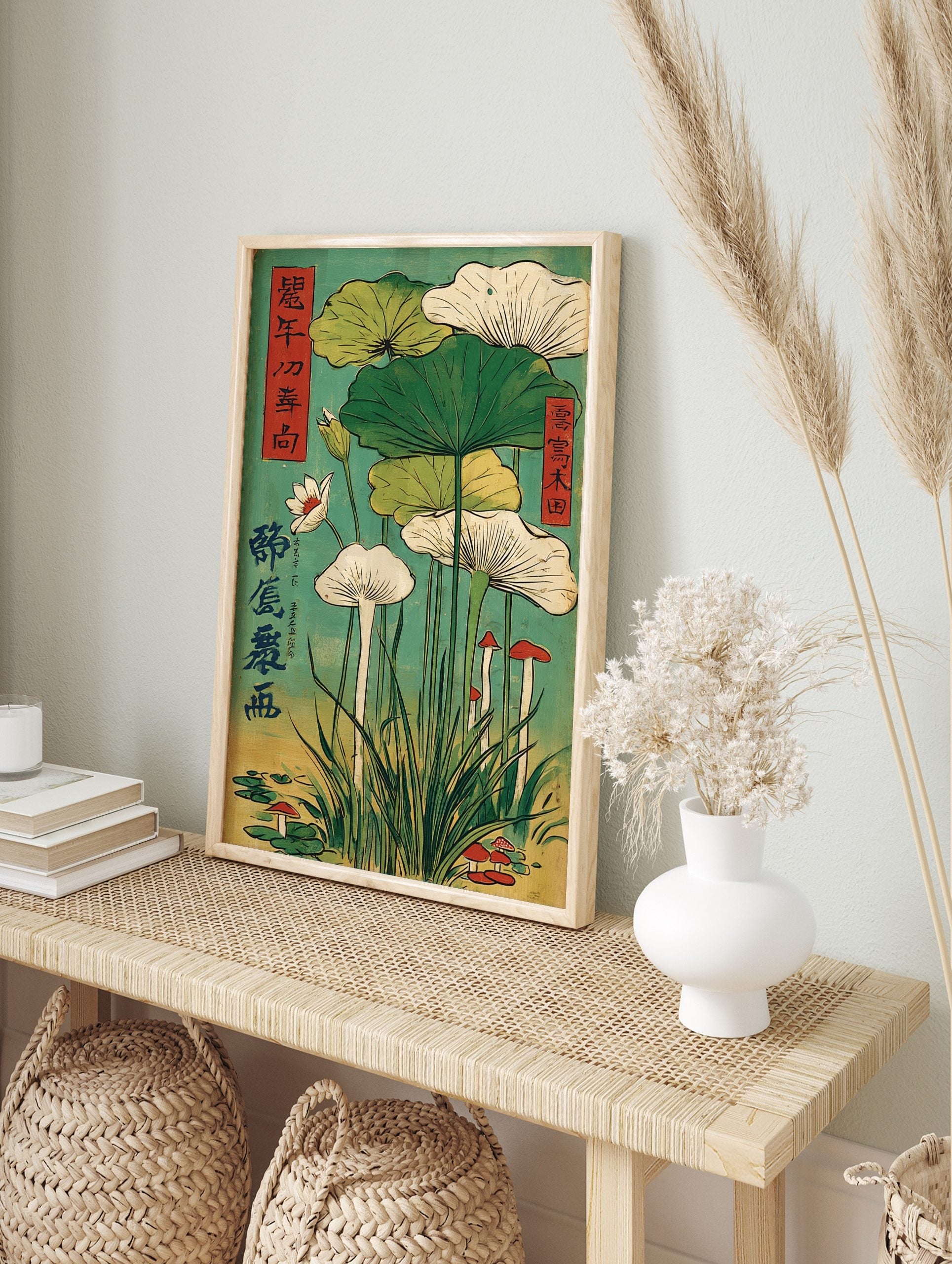 Japanese botanical illustration of lotus leaves, white lotus flower, and red-capped mushrooms, in an alternate framed mockup