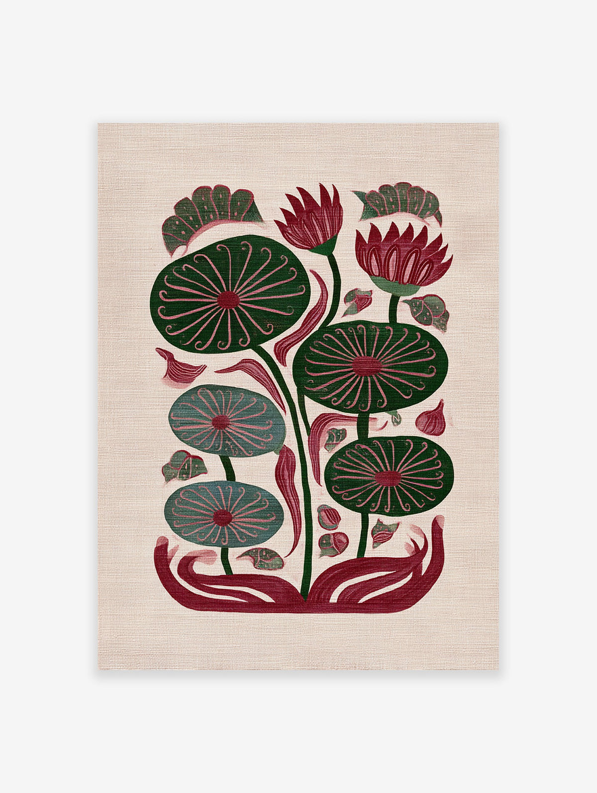 Stylized lotus botanical illustration art print with red flowers and green leaves on a textured beige background.
