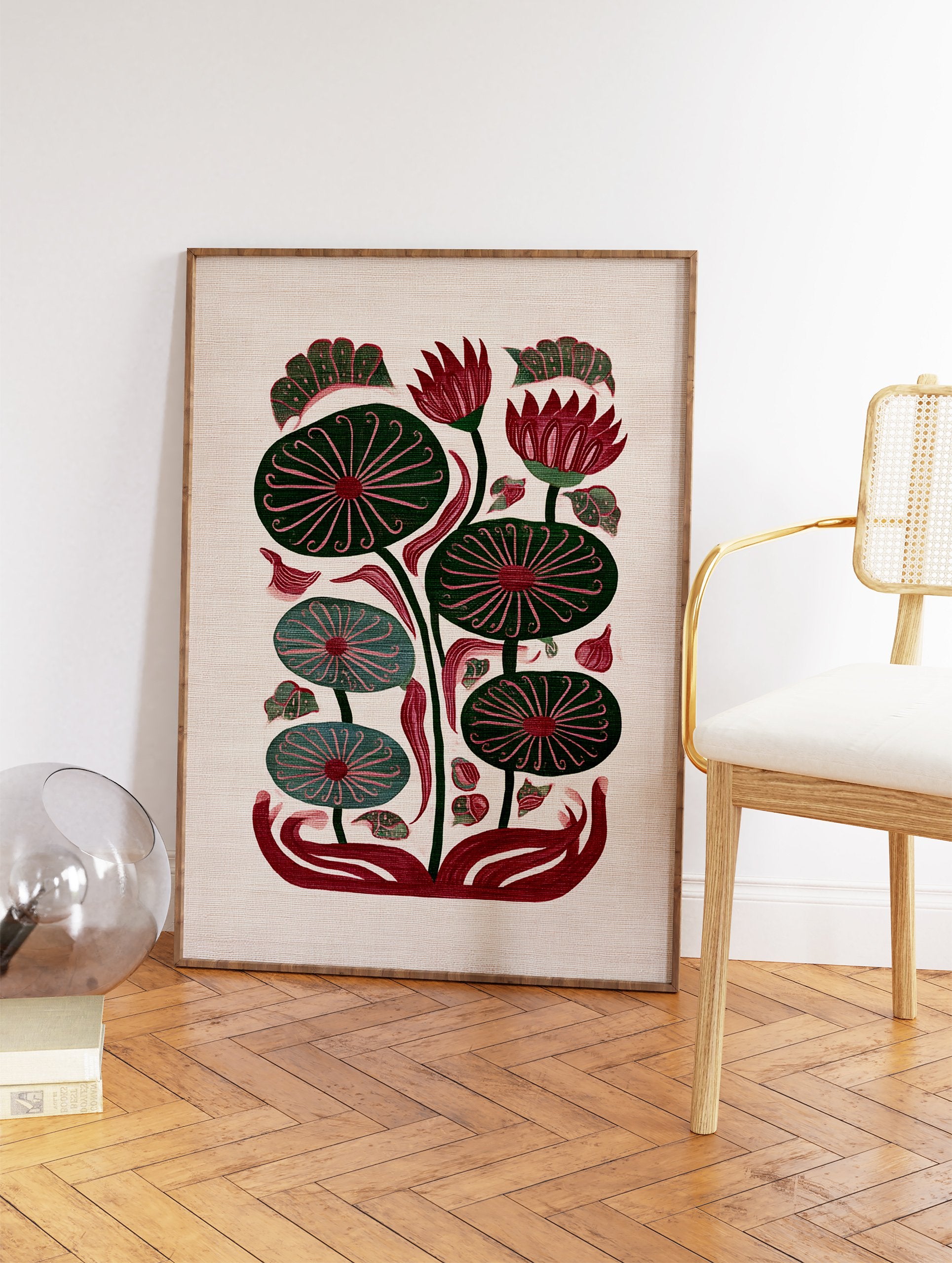 Stylized lotus botanical illustration art print with red flowers and green leaves on a textured beige background. - Image 2