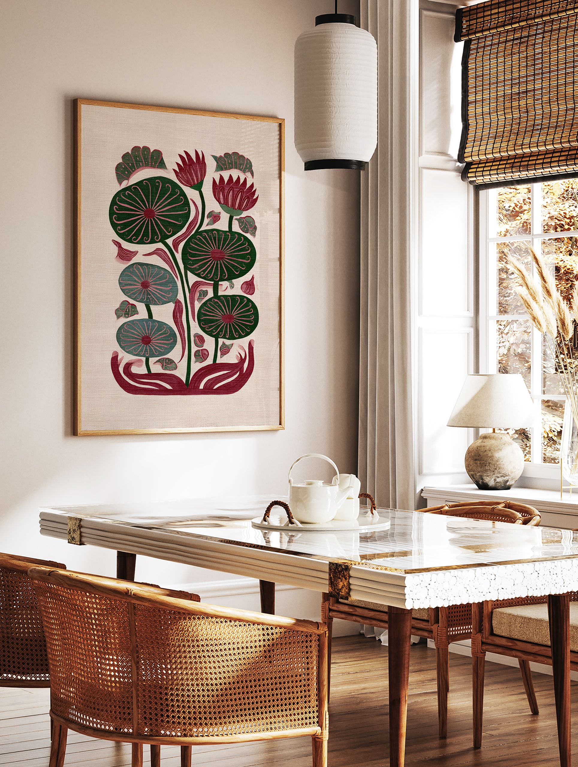 Stylized lotus botanical illustration art print with red flowers and green leaves on a textured beige background. - Image 3