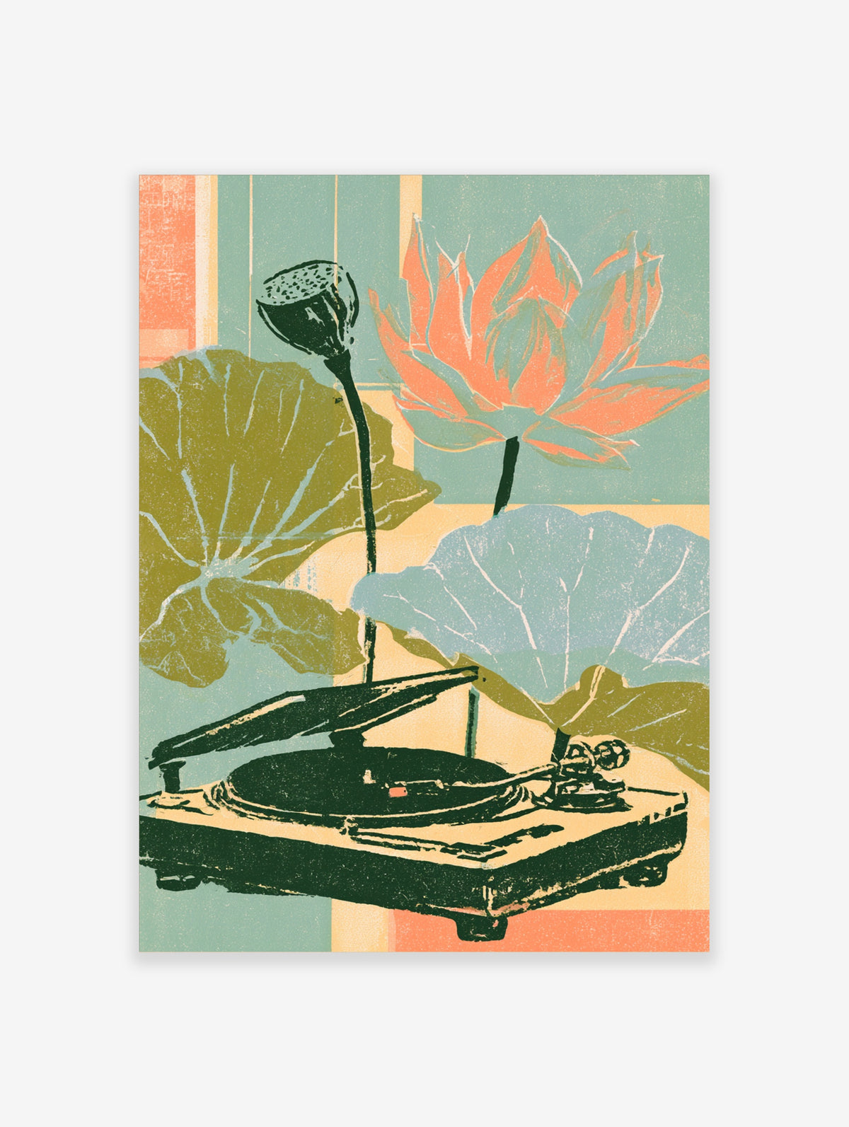 Retro poster of a lotus flower, seed pod, and record player with large leaves on a teal background