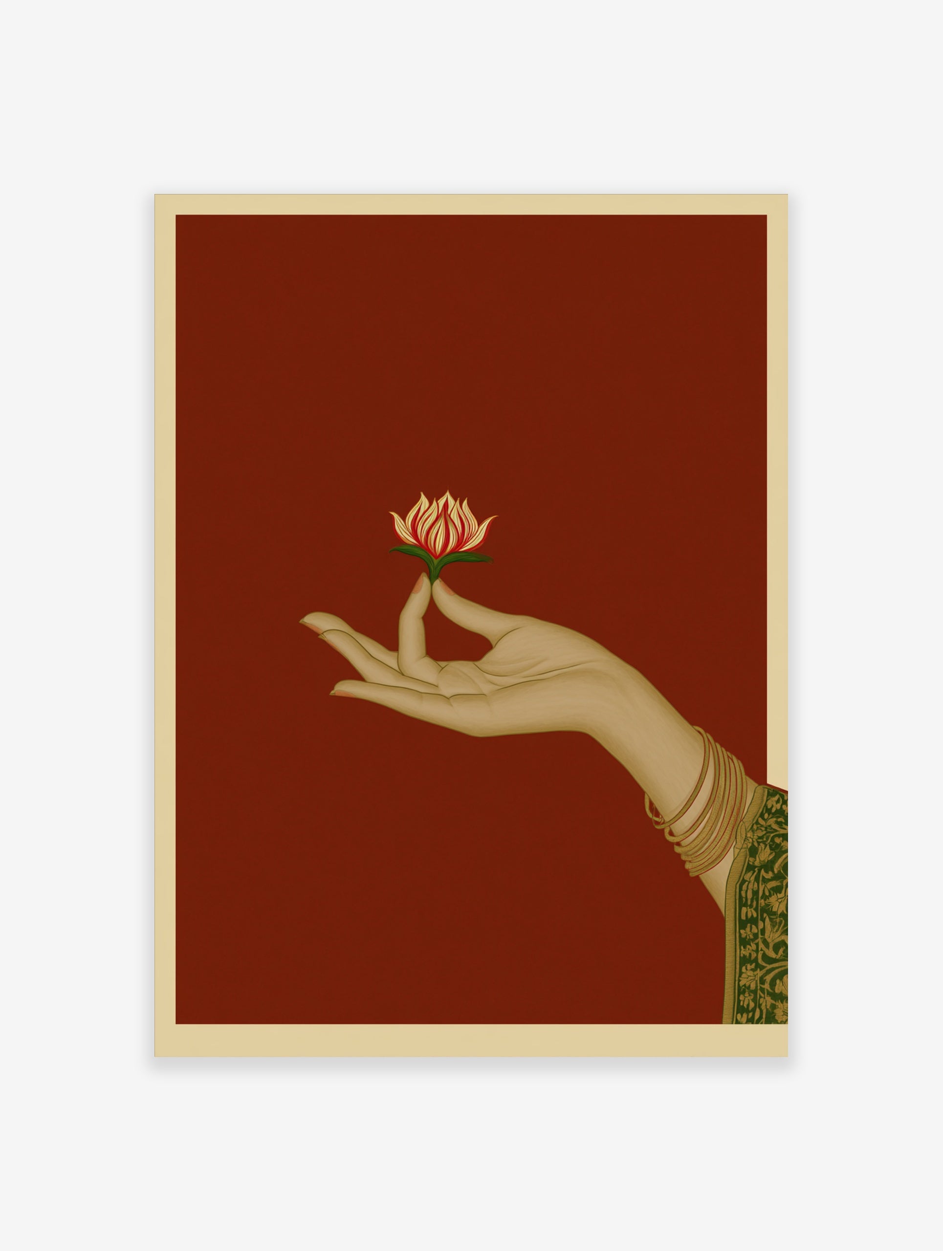 Illustration of a hand holding a lotus flower on a red background, traditional Indian art style wall art print