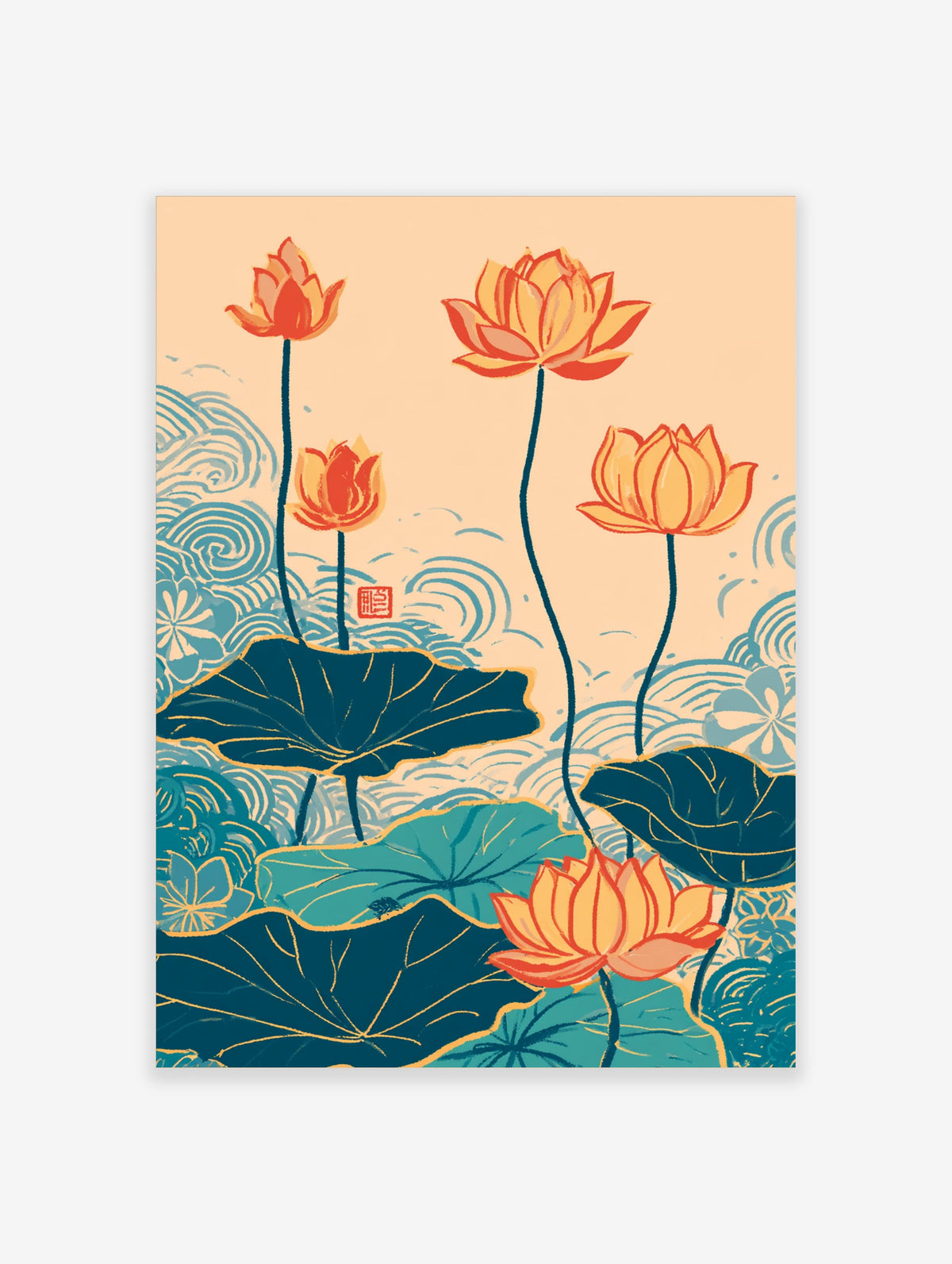 Lotus flower poster with orange blooms, teal leaves, and blue wave patterns on beige background