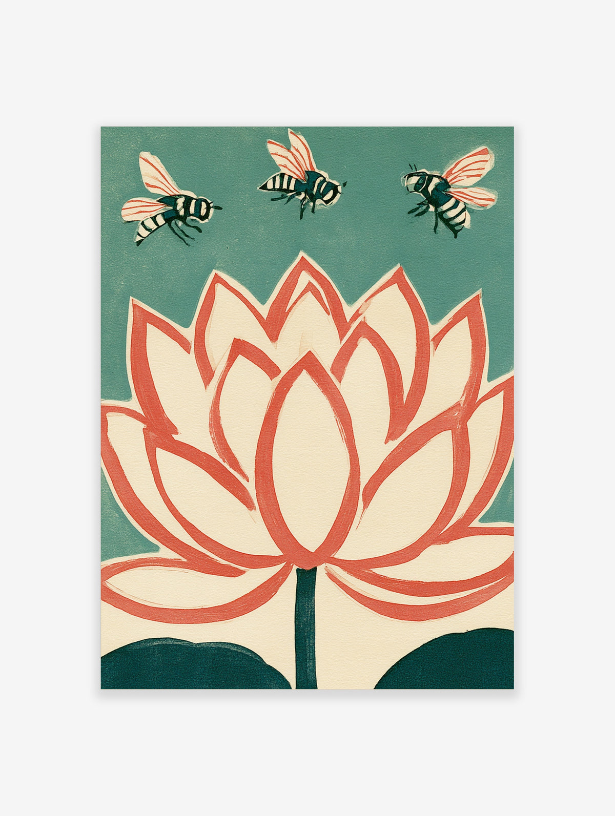 Lotus flower art print with coral outlines, three striped bees, and teal background