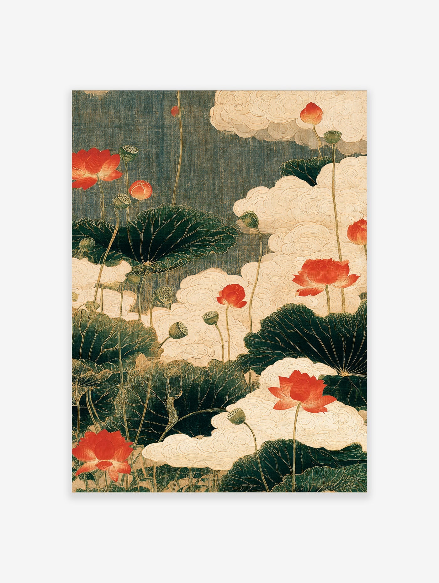 Illustrative botanical print of red lotus flowers and green leaves against stylized cream clouds