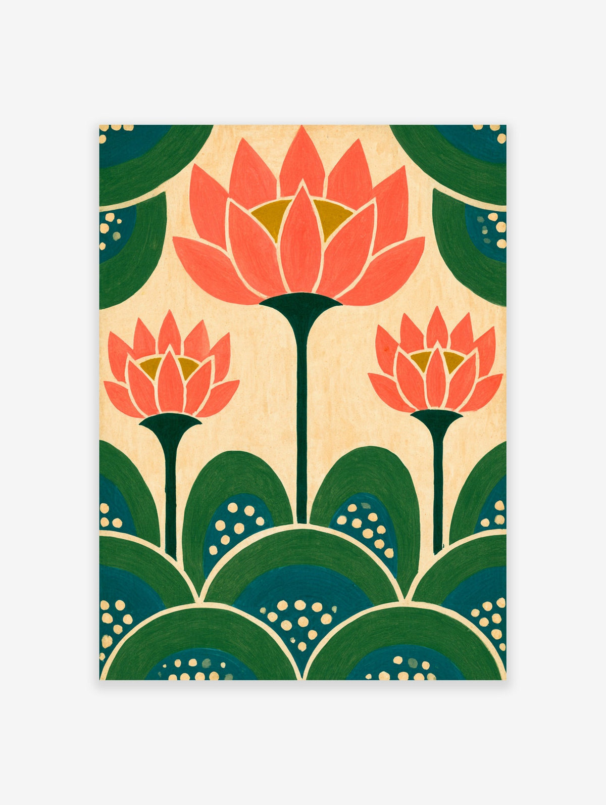 Stylised lotus flower wall art illustration with coral petals and green foliage on a neutral background