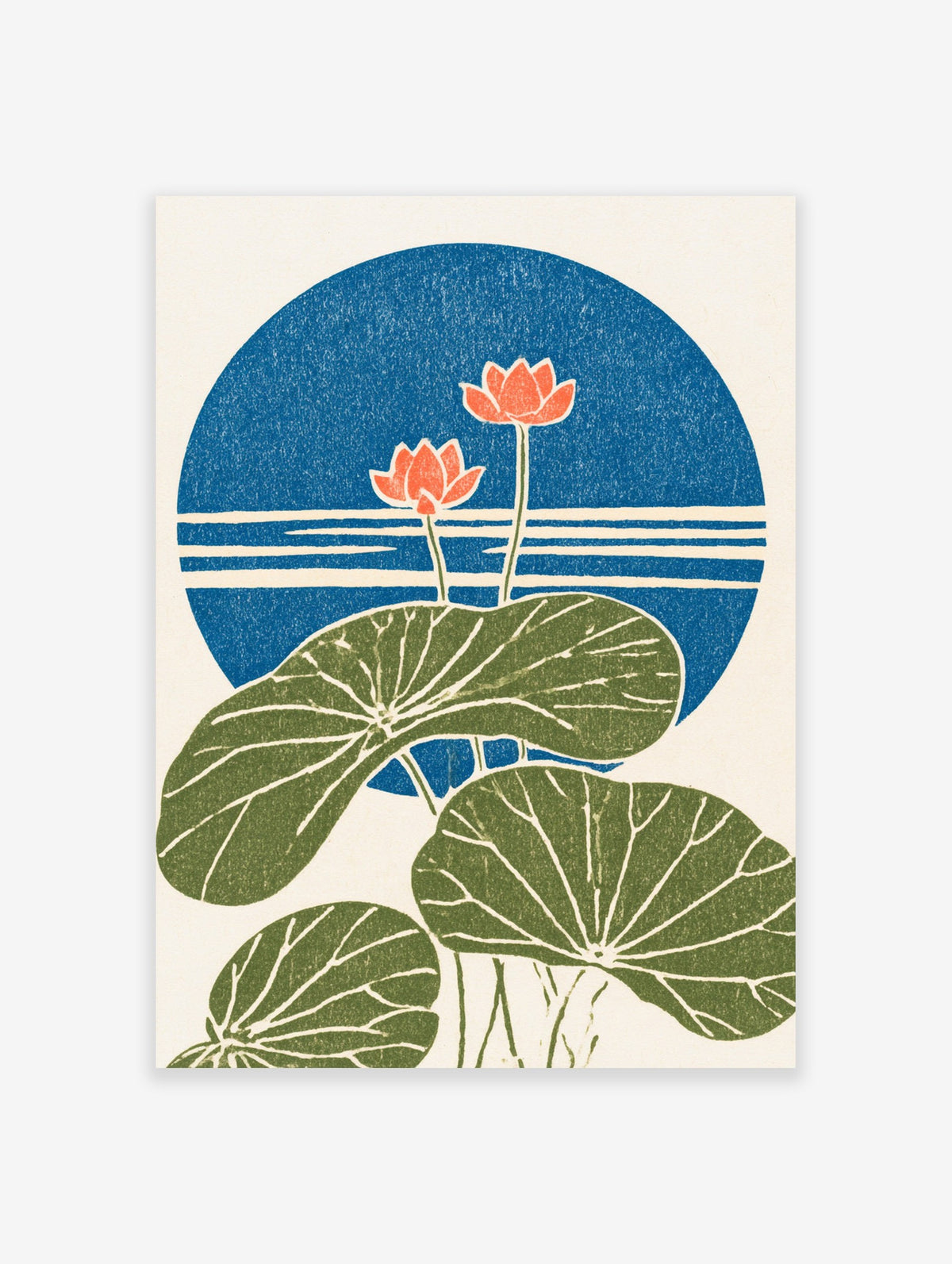 Lotus flower wall art with orange blooms and green leaves on a blue circular background in an illustrative style
