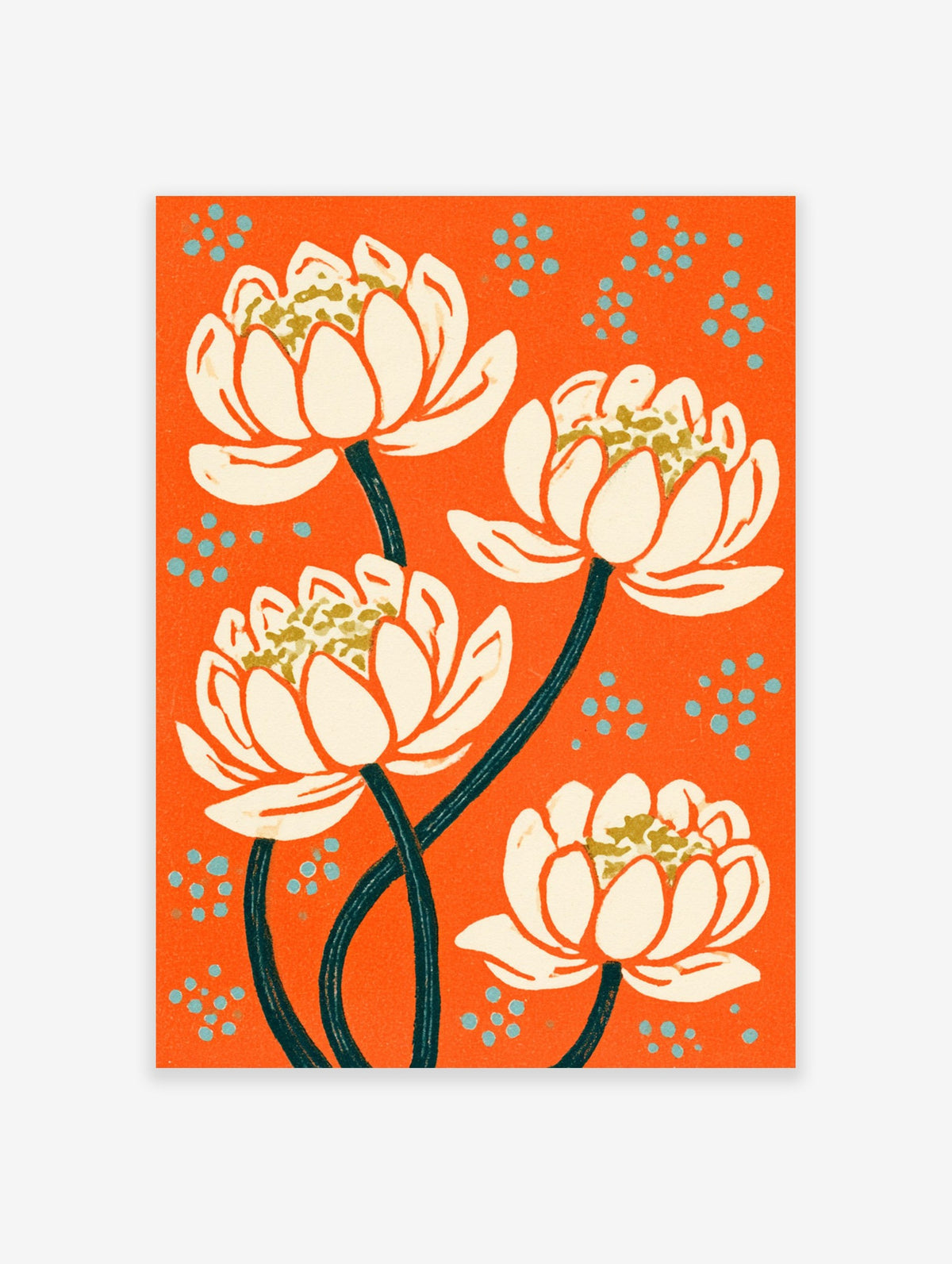 Stylised lotus flower botanical illustration with white flowers and blue dots on a vibrant orange background