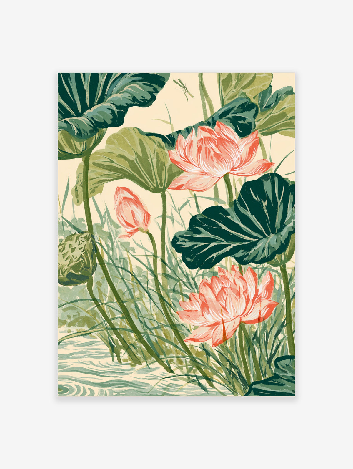 Pink lotus flower botanical art print with green leaves and dragonfly on cream background