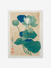 Japanese botanical art print featuring teal and blue lotus flowers and leaves on a textured light brown background, with Japanese script.